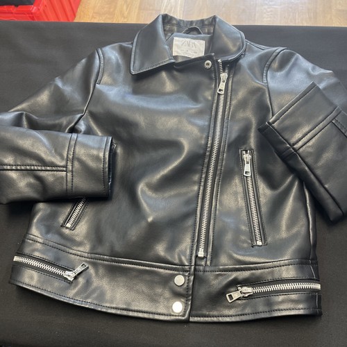 ZARA Kids Black Leather Jacket Size 8 Boys Zipper Button