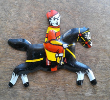 Antique Tin Litho jockey Riding BLACK Horse horseracing Cracker Jack Toy Vintage