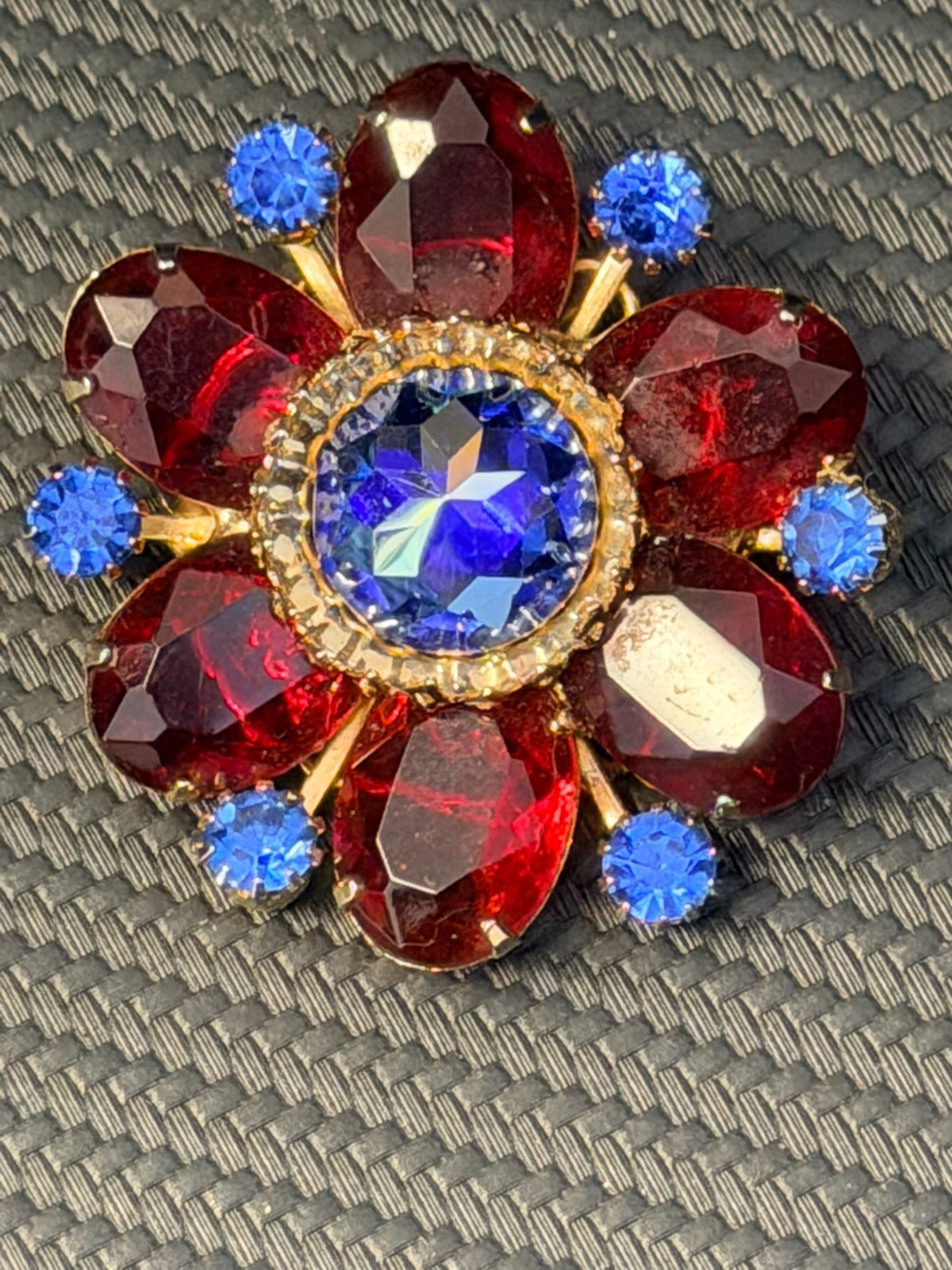 Mid Century Ruby Red Rhinestone Flower Brooch Swa… - image 6