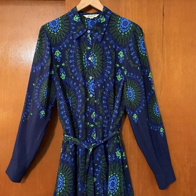 Boden Kate Midi Shirtdress Belted Long Sleeve French Navy Artizian Geo  Print 14 | eBay