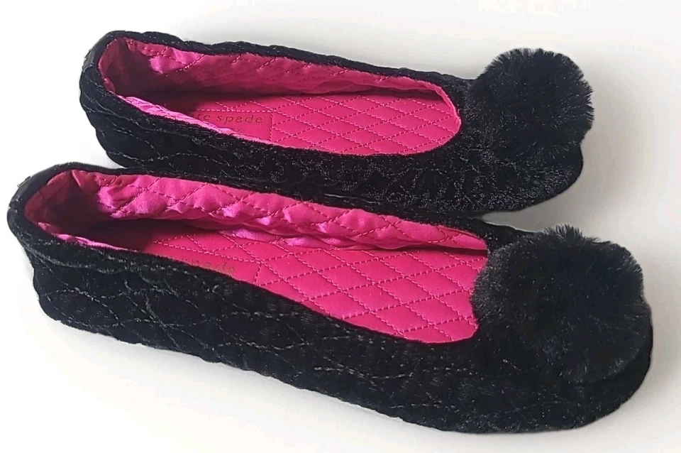 Zapatillas Kate Spade Esponjosas TOP UP Ballet Planas Acolchadas Pom Pom Negro Terciopelo 6 Foto 3 de 4
