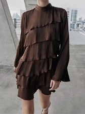 ZARA Satin Effect Ruffled Short Dress Brown Mini Size S NWT 2087/645/700 Viral