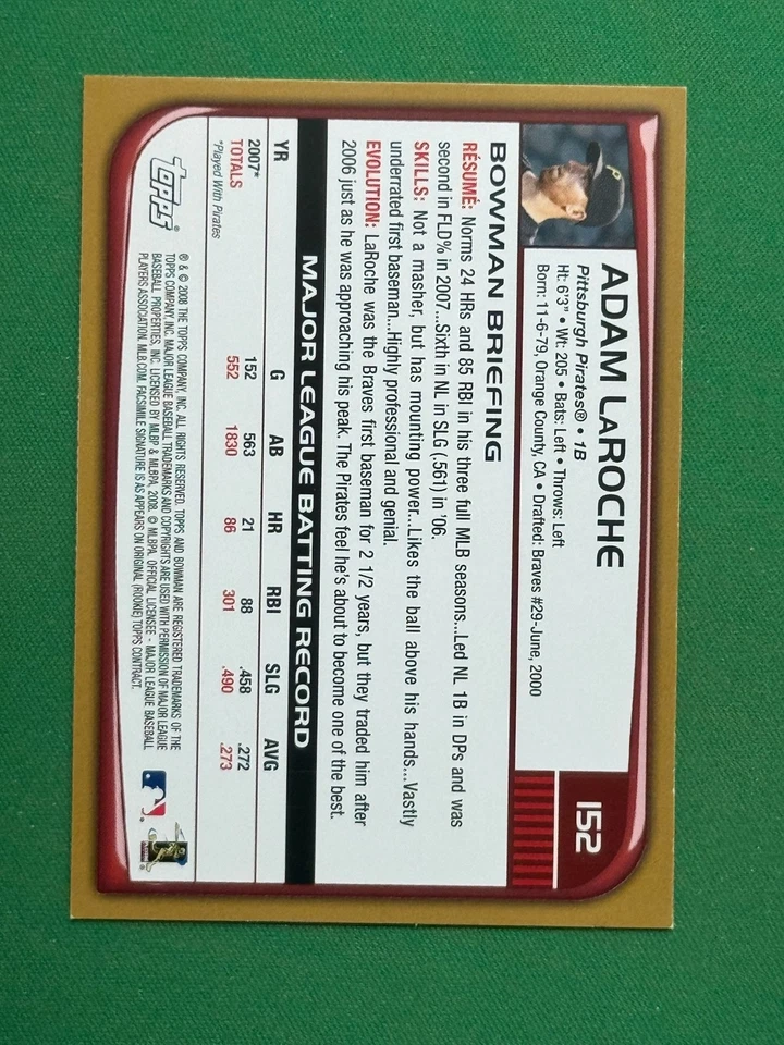 2008 Bowman Baseball Gold Parallel #152 Adam LaRoche - Image 2 of 2
