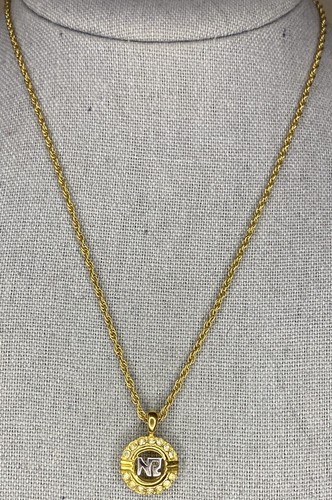 Vintage Nina Ricci Goldtone Metal and Rhinestone Circle Logo Pendant Necklace 16 - Picture 2 of 5