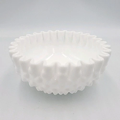 Fenton White Milk Glass Candy Dish w/ Ruffle Crimp Edge, Vintage