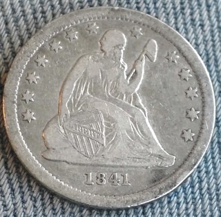 1841 Seated Liberty Quarter. Extra Fine Plus Circulated Coin.