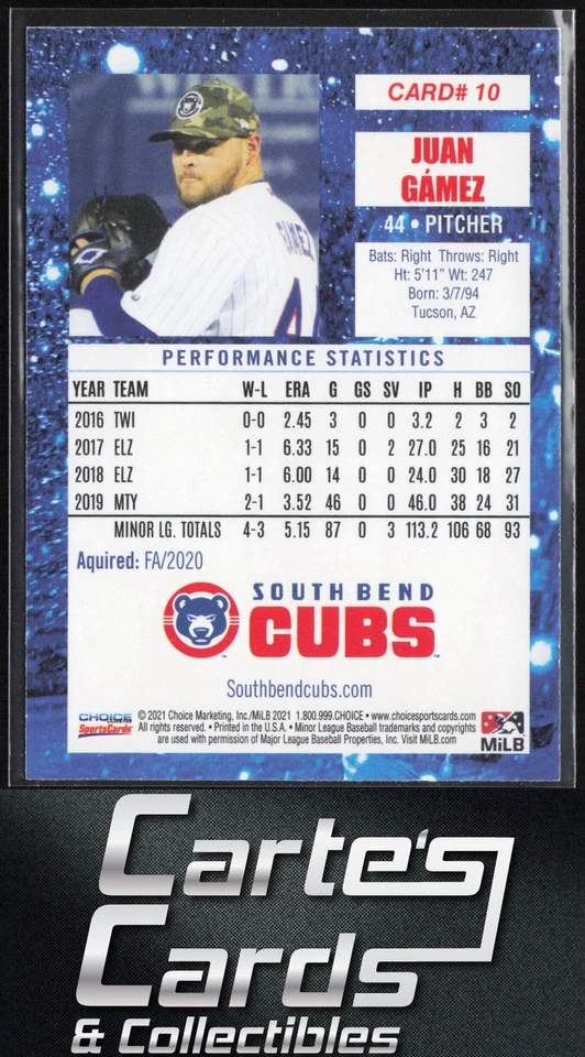 Juan Gamez 2021 Choice South Bend Cubs #10 South Bend Cubs - Image 2 of 2