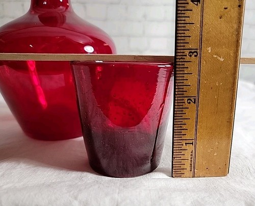 Vintage Ruby Red Art Glass Tumble Up/Bedside 16 oz. Water Carafe & 4 oz. Cup - Picture 10 of 11