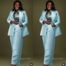 Sky Blue Silk Satin Women Suit Plus Size Formal Prom Wedding Party Ladies Outfit