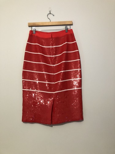 J. Crew Collection Red With White Stripes Sequin Womens Size 4 Midi Pencil Skirt - Picture 3 of 10