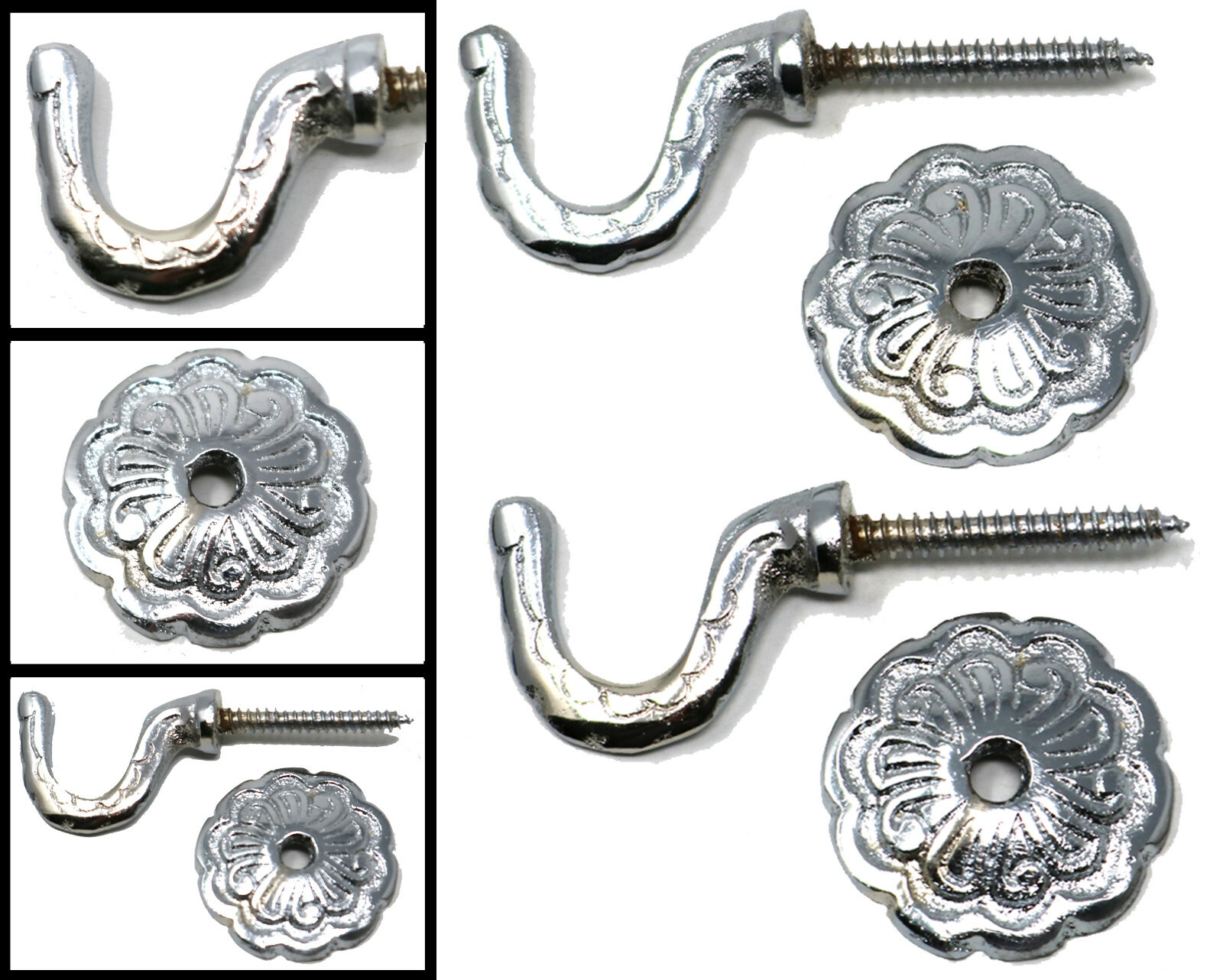2x Curtain Tie Backs Antique Vintage Hook Hooks Rosette Chrome Brass