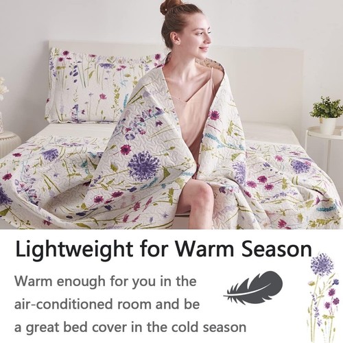 King Size Floral Quilt Set in Purple, Blue & Green - Lightweight Summer Bedding - Picture 7 of 8