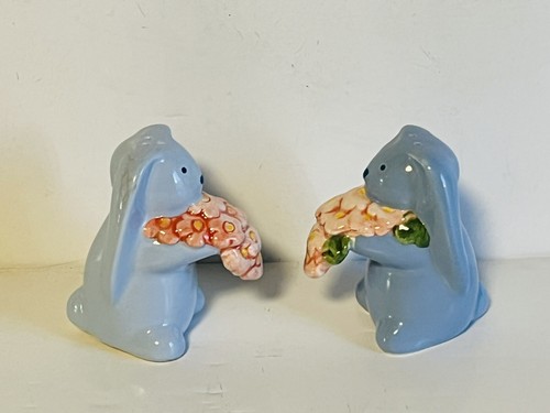 AVON Springtime Blue Bunny Collection Salt and Pepper Shakers Pink Flowers Cute! - Picture 2 of 8