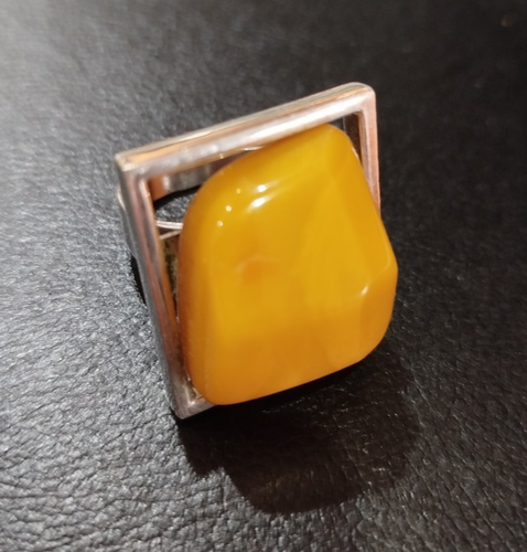 VINTAGE Huge Modernist 925 SILVER Egg Yolk Baltic Amber ring T adjustable - Picture 4 of 11