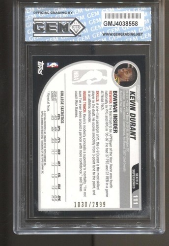 2007-08 Kevin Durant Bowman #111 1030/2999 Gem Mint 10 RC Rookie Suns - Picture 2 of 2