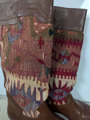 Vintage Kilim Leather Boots Handmade Moroccan Tapestry Size 8/8.5 EU 38/39 Turk - Picture 5 of 6