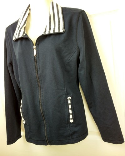 Zip Jacke Damen Gr. L dunkelblau gestreift Kragen französische Baumwolle Freizeit Taschen - Bild 5 von 7