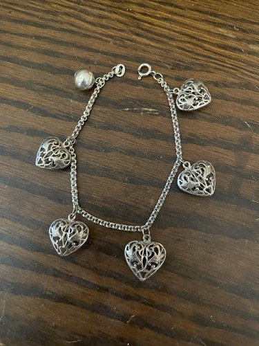 925 Sterling Silver 3D Heart Charm Bracelet Free Shipping 7” - Picture 2 of 8