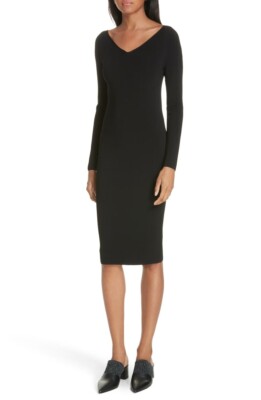 Vince 240053 Womens Ribbed Long Sleeve V-Neck Sheath Dress Black