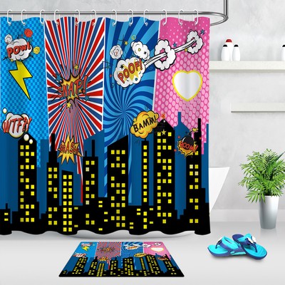 Superhero Cityscape Super City Pattern Fabric Shower Curtain Set