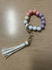 Pink, Purple  White Wooden Beaded Wristlet Keychain With Tassel