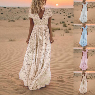 Summer Women's Beach Holiday V Neck Long Maxi Dress Ladies Boho Holiday Sundress | eBay Summer Women's Beach Holiday V Neck Long Maxi Dress Ladies Boho Holiday Sundress | eBay
