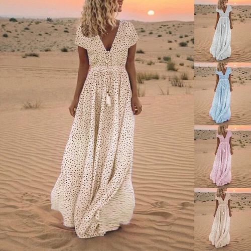Summer Women's Beach Holiday V Neck Long Maxi Dress Ladies Boho Holiday Sundress - Picture 2 of 24