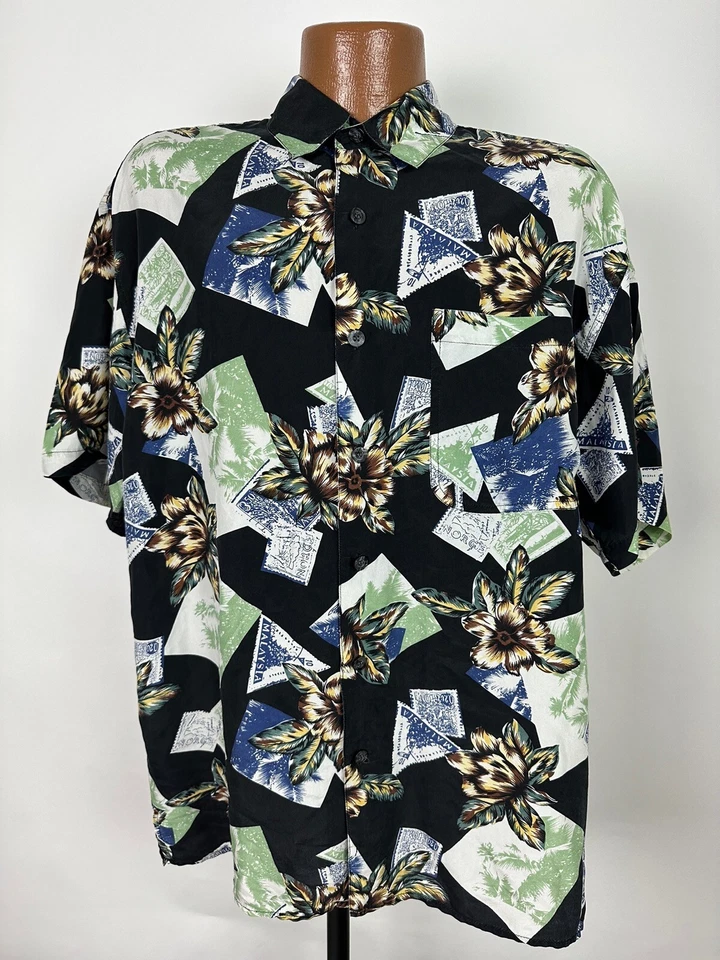 Camisa hawaiana de seda vintage de los 80 para hombre estampillas florales grandes de viaje Asia Bill Blass Foto 2 de 4