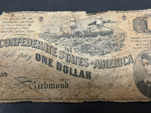 Confederate States Of America One Dollar Richmond Virginia June 2, 1862 - Picture 4 of 6