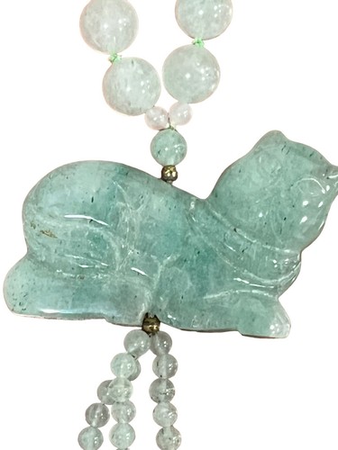 Light Green Jade Hand Knotted Carved Cat Pendant Tassels Round Square Necklace - Picture 7 of 9