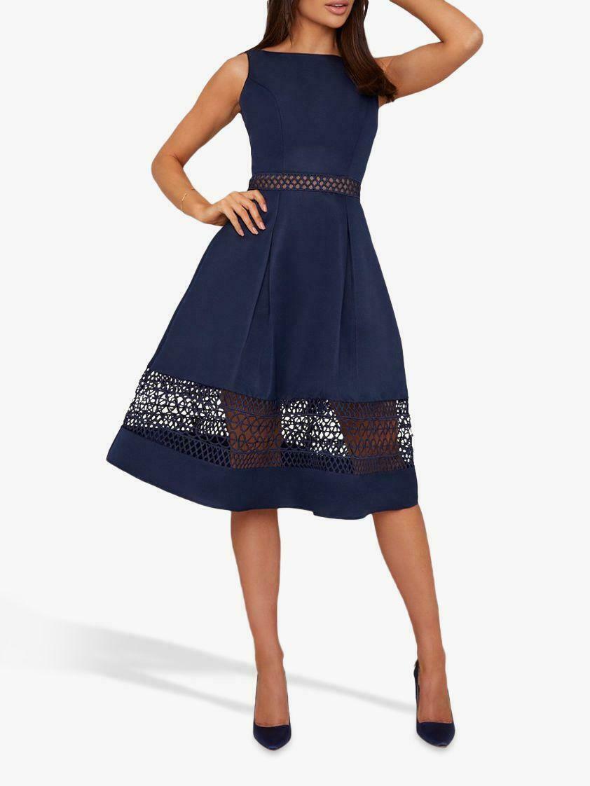New Chi Chi London Crochet Panel Scoop Back Midi Dress in Navy