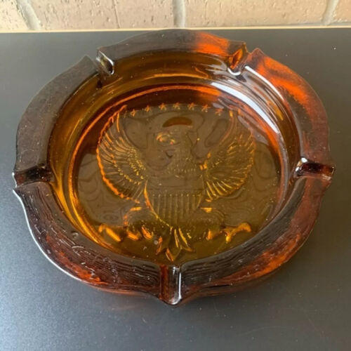 Vintage Amber Glass US Coat of Arms Eagle Shield 7 Stars Ashtray 10” x 2” Round