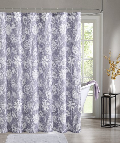 Purple Embossed Fabric Shower Curtain: White Floral Design