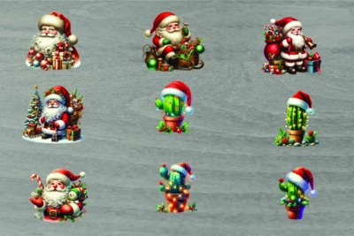 9x gemischte Weihnachtskaktus Pflanze/Weihnachtsmann/Vinyl Aufkleber/Decal/Party Deko/Becher
