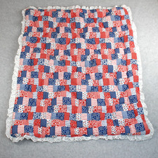 Baby Crib Quilt Handmade Red White Blue Checked White Back 32 1/2"x39" Nursery