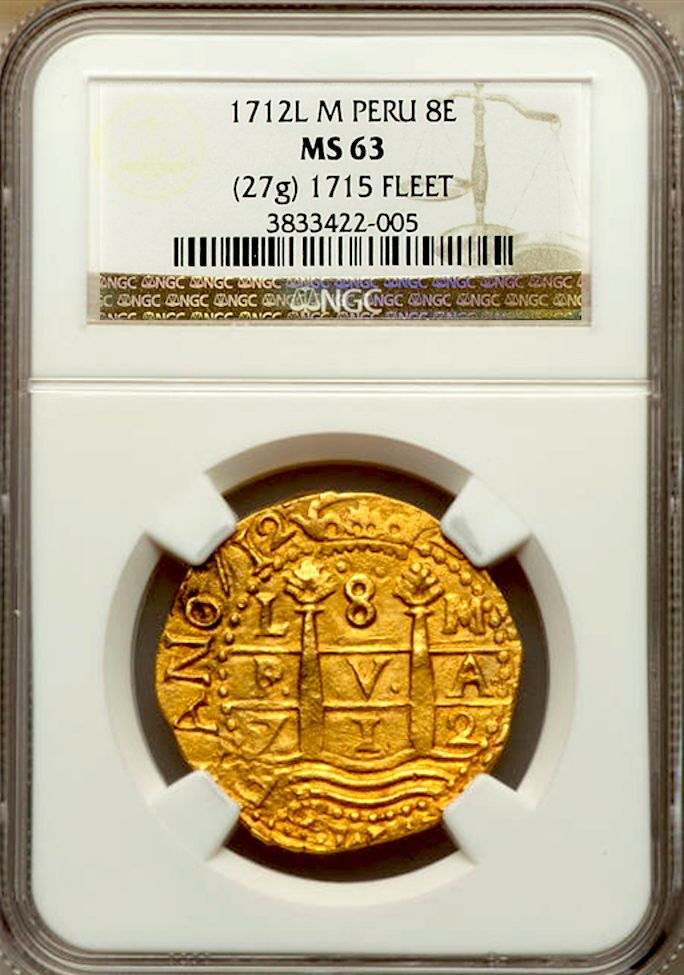 PERU 1712 GOLD 8 ESCUDOS DOUBLOON COIN NGC 63 FIN KN! 1715
