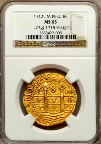 PERU 1712 GOLD 8 ESCUDOS DOUBLOON COIN NGC 63 FIN KN! 1715 PLATE FLEET SHIPWRECK