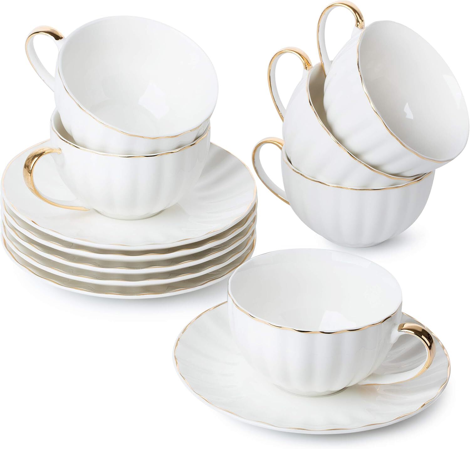 Cups And Saucers Set Of 6 (7 Oz), Porcelain White Tea Cup Se