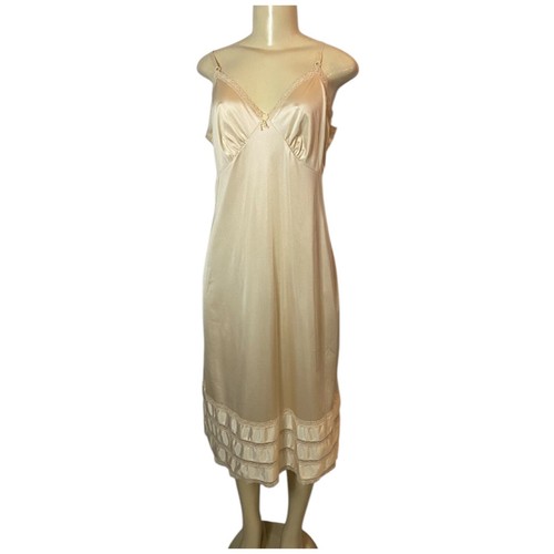 Abito vintage Sears FULL SLIP BEIGE taglia 38 grande TRIPLO ORLO volant PIZZO trasparente - Foto 2 di 9