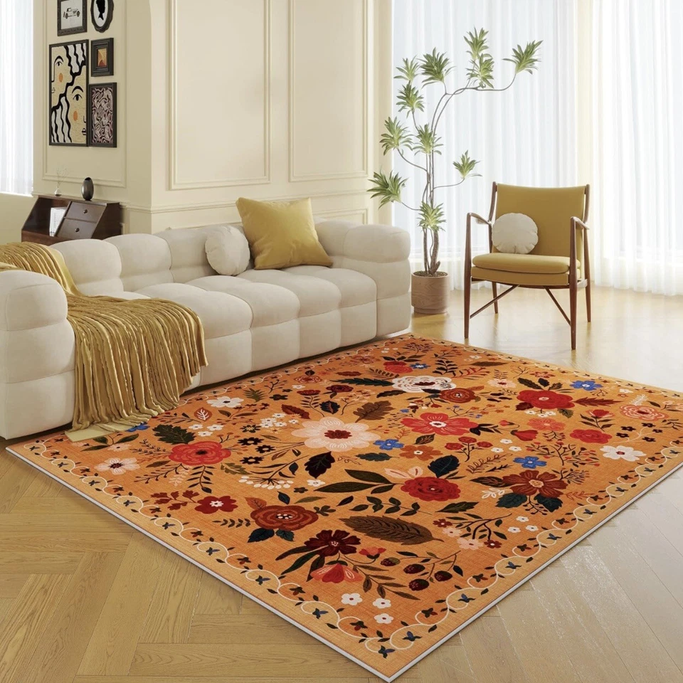 全新 Anthropologie 橙色花卉波西米亚复古多色小地毯 5' x 7' — 第 3/4 张图片