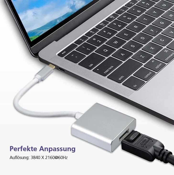 USB-C Stecker auf Displayport Buchse Adapterkabel Silber Ultra HD 4K Vergoldet - Bild 3 von 4