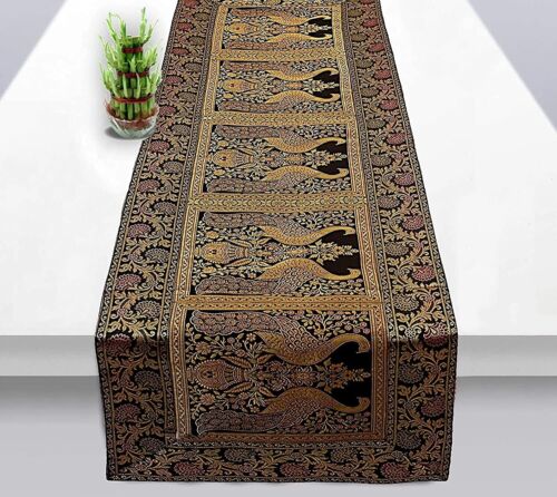 Indian Peacock Design Silk Dining Table Runner Wedding Birthday Runner 16x60 In - Picture 2 of 29
