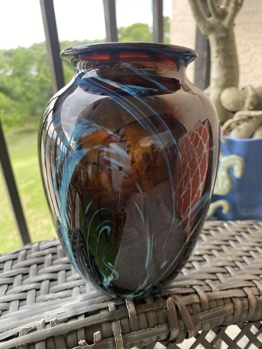 Original Signed Easy Art Glass Teal Blue Brown Swirl Hand Blown Vase - Picture 7 of 8