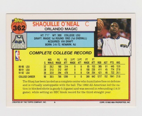 1992 Topps 92 Draft Pick #362 Shaquille Shaq O’Neal Rookie Card - Bild 2 von 2