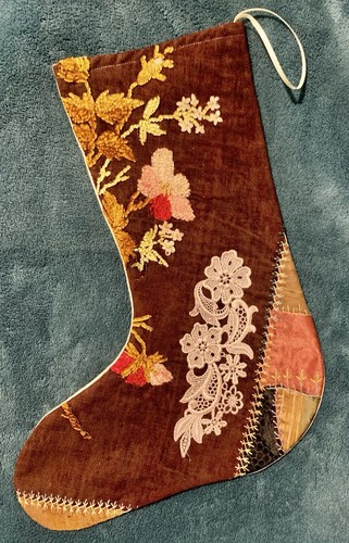 1892 GORGEOUS ANTIQUE VINTAGE CRAZY QUILT CHRISTMAS STOCKING CUTTER QUILT 24-13