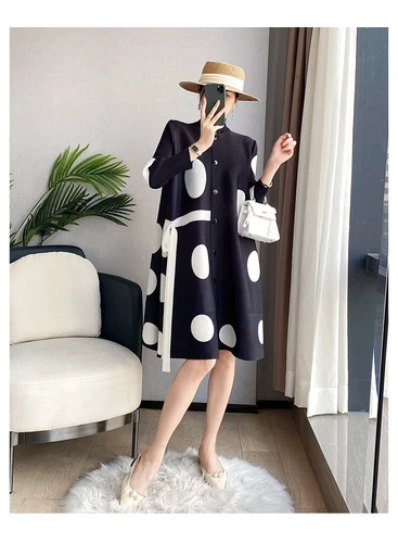 Pleats Womens Midi Polkadot Print Pleated Dress with Buttons Stand Collar - Picture 17 of 17