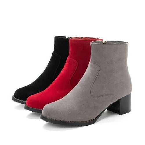 Womens Faux Suede Ankle Boots Mid Block Heel Side Zip Round Toe Shoes 50/52/48 - Picture 2 of 8