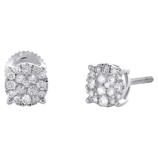 10K WeißGold Echte Diamant Unisex 6,35Mm 4 Prong Kreis Stecker Ohrringe 0,36 Ct-image