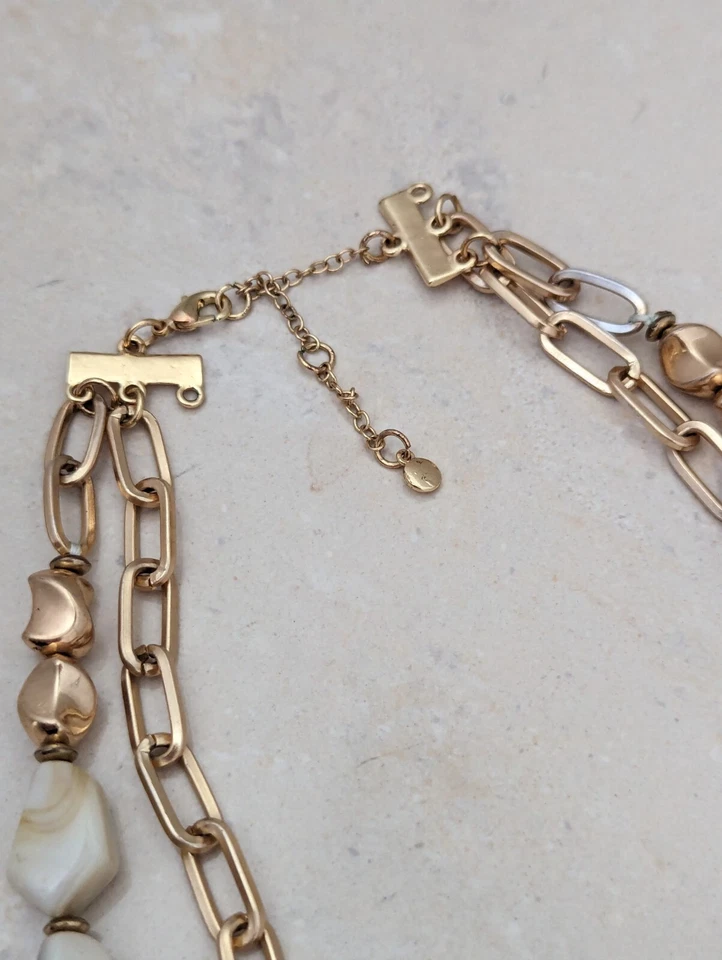 Double Strand Chunky Paperclip Necklace Gold Stone Cream Natural Beige Natural - Image 4 of 4