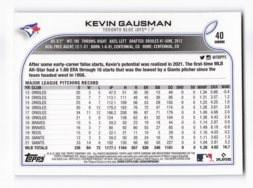 2022 Topps Chrome Prism Refractor Kevin Gausman - Picture 2 of 2